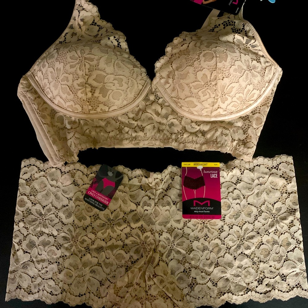 Maidenform beige lace Bra 34c multiway convertible & panty medium boy sh…